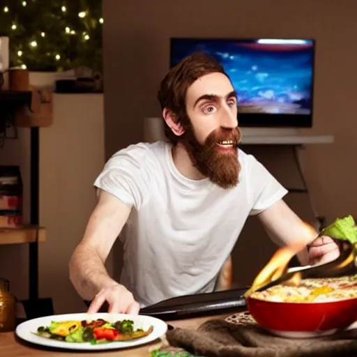 Prompt: picture of asmongold watching tv while cooking a meal, good lighted photo, sharp details, detailed, hd, hdr