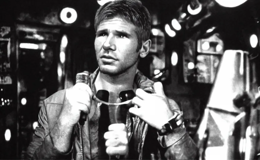 Image similar to young harrison ford as deckard from bladerunner doing standup comedy in a cyberpunk bar behind a mic