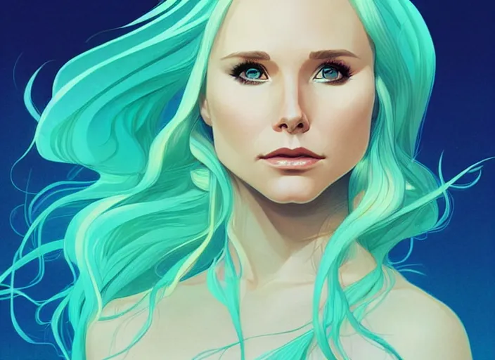 Image similar to style artgerm, joshua middleton, beautiful kristen bell with green dress, very long blue hair, symmetrical face, symmetrical eyes, water powers water swirling, detailed, beach setting, cinematic lighting