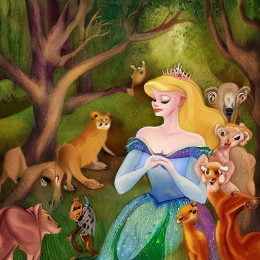 Prompt: A beautiful body art of Princess Aurora singing in the woods while surrounded by animals. She looks so peaceful and content in the company of the animals, and the colors are simply gorgeous. by Victor Adame Minguez, by Alice Rahon