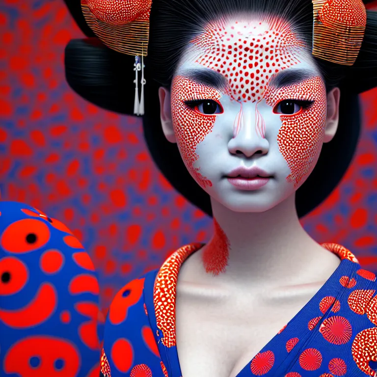 Image similar to hyperrealistic detailed image of a geisha in a art installation room, hd smooth interior by yayoi kusama, part by kei mieno, part by ross tran, dark art by james jean, ultra realistic, highly detailed, life like face, detailed body, 8 k, 3 d render by roger magrini, masterpiece