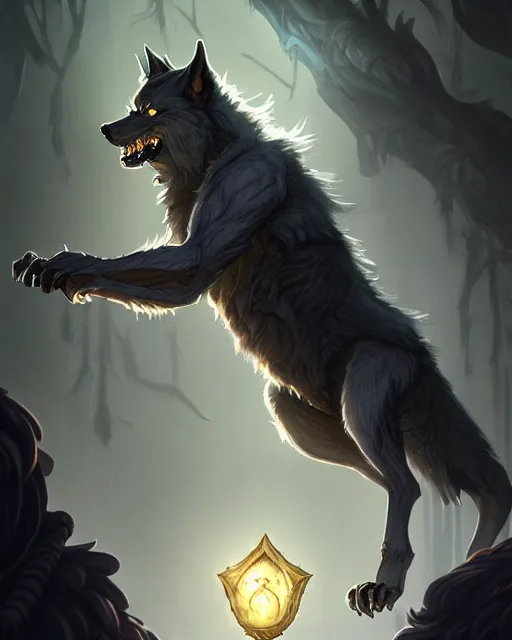 Image similar to gray werewolf, backlight, rim lighting, deep focus, d & d, fantasy, intricate, elegant, highly detailed, digital painting, artstation, concept art, matte, sharp focus, illustration, hearthstone, art by artgerm and greg rutkowski and alphonse mucha