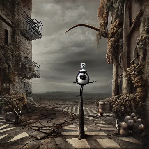 Image similar to michal karcz surrealism drawing of the end of the road. , in the style of jack skellington, in the style of a clown, loony toons style, horror theme, detailed, elegant, intricate, 4k, Renaissance painting