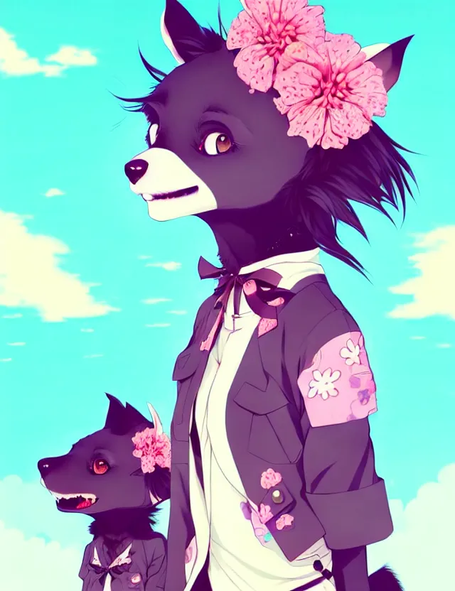 Image similar to a cute anthropomorphic hyena girl anthro wearing a black hibiscus ribbon, city background, very anime!!! kawaii!! furry!! intricate details, aesthetically pleasing pastel colors, scenic background, art by conrad roset and ilya kuvshinov. trending on deviantartstation