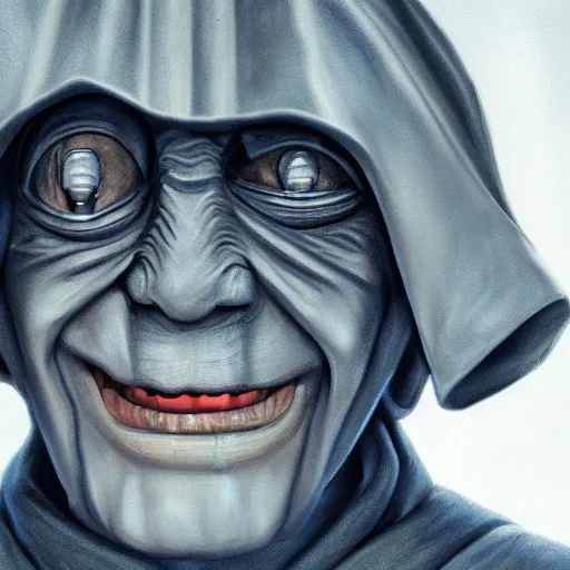 Image similar to portrait of Emperor Palpatine, Orange eyes, circles under the eyes, laughing, photorealism, 4k, super detail, Star Wars movie Style