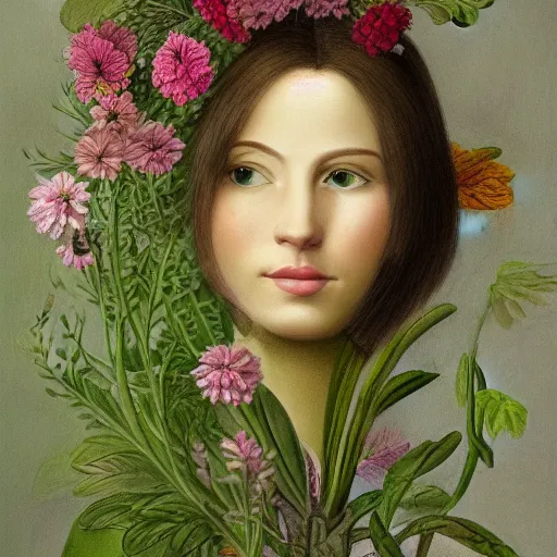 Image similar to a beautiful detailed portrait of a woman with plants and flowers growing