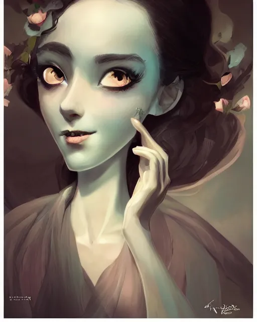 Image similar to elegant mysterious solemn victoria everglot from the corpse bride, portrait, illustration, rim light, top light, summer clear blue sky, perfectly shaded, soft painting, art by krenz cushart and wenjun lin