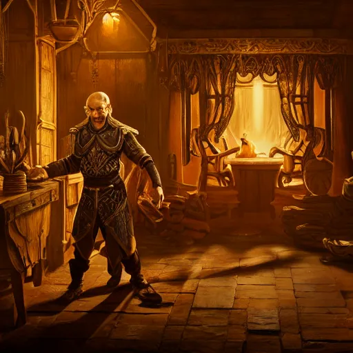 Image similar to the elder scrolls vi majestic gracious high elf merchant portrait, indoors rustic clothing shop, painted, dark room, one point of light coming through the window, atmospheric lighting, painted, intricate, volumetric lighting, beautiful, golden hour, sharp focus, ultra detailed, by leesha hannigan, ross tran, thierry doizon, kai carpenter, ignacio fernandez rios