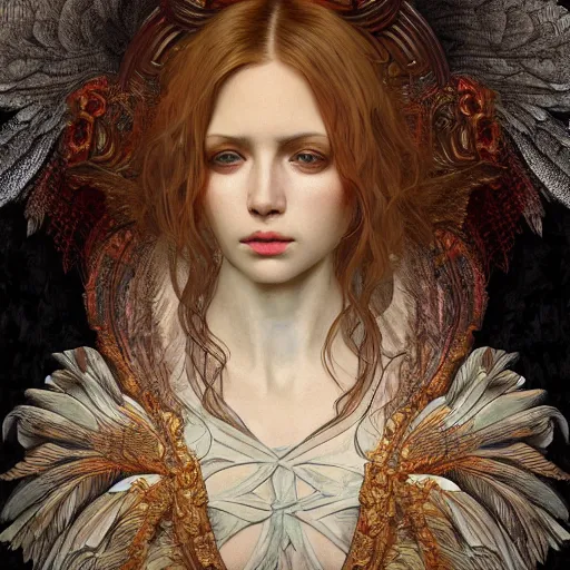 Image similar to hyperrealistic detailed portrait of a seraphim from layers of fear in the style of gothic and mucha sharp focus 8 k