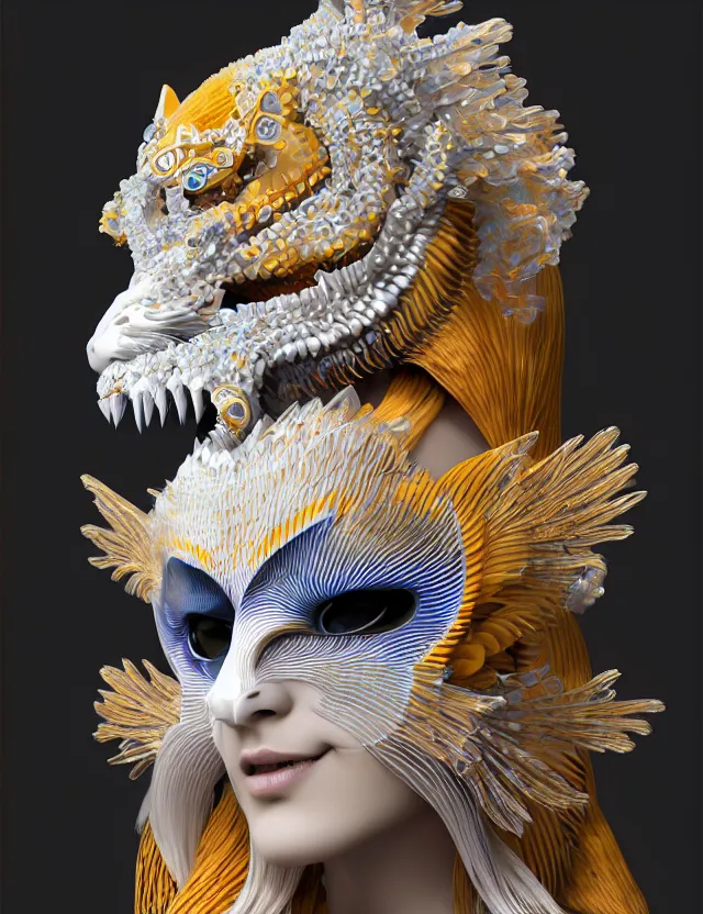 Image similar to 3 d goddess close - up frontal portrait with cat skull. beautiful intricately detailed japanese crow kitsune mask and clasical japanese kimono. betta fish, jellyfish phoenix, bio luminescent, translucent, plasma, ice, water, wind, creature, artwork by tooth wu and wlop and beeple. vray. behance. 8 k