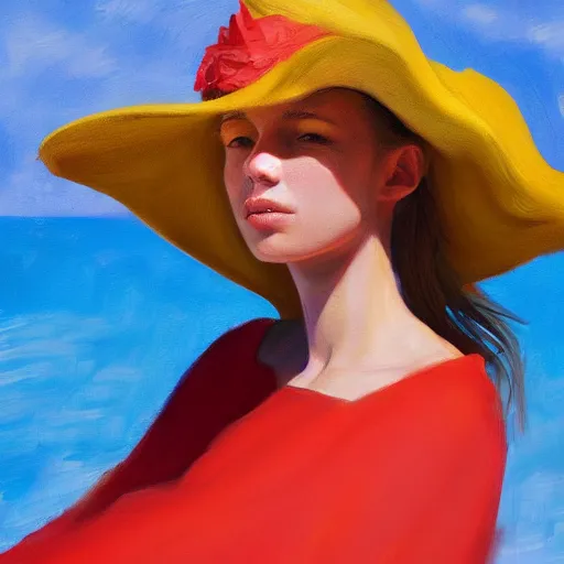 Image similar to beautiful oil matte portrait painting, young woman with red dress and mustard yellow summer hat at a beach on a sunny day, wonderful masterpiece highly detailed, beautiful cinematic light deep focus, elegant, digital painting, smooth, sharp focus, golden ratio, dramatic illumination, ultra realistic, 8 k, art by jenny saville