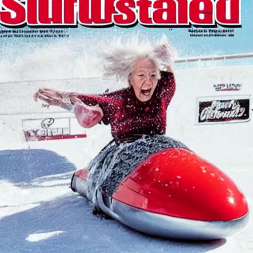 Image similar to sports illustrated photo, an elderly woman sliding wildly down an incredibly long ice luge on her back out of control at an incredibly high speed