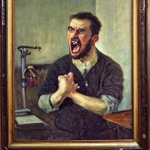 Image similar to an angry man screams at his computer monitor, oil on canvas, 1 8 8 3, highly detailed