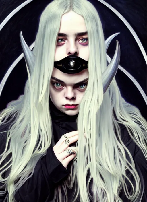 Image similar to Billie Eilish with two demon horns, noir, highly detailed, digital painting, artstation, concept art, sharp focus, illustration, art by Alphonse Mucha and Ian Sprigger and Edmund Bliar Leighton