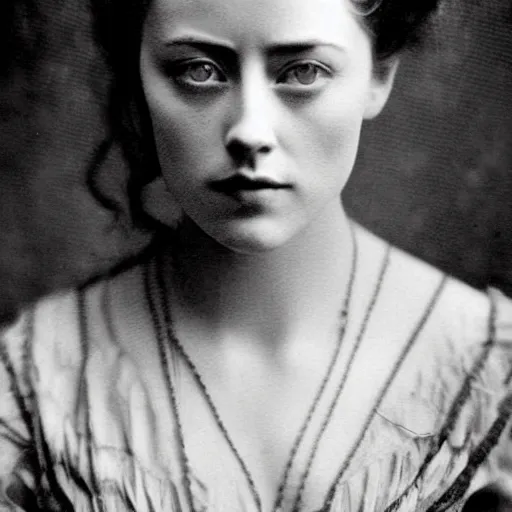 Prompt: victorian photograph of amber heard, 1 8 9 0 s photography, 1 9 0 0, realistic face, symmetrical face, studio photograph, grainy, edwardian, old photo