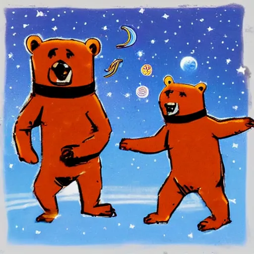 Prompt: space bears dancing to cannon in D, in the style of Banksy