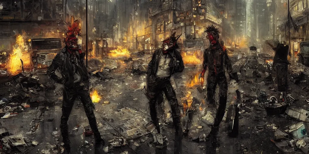 Prompt: post apocalyptic city, revolutionary punk masked up punk, fire, damaged, trash, full shot, by jeremy mann