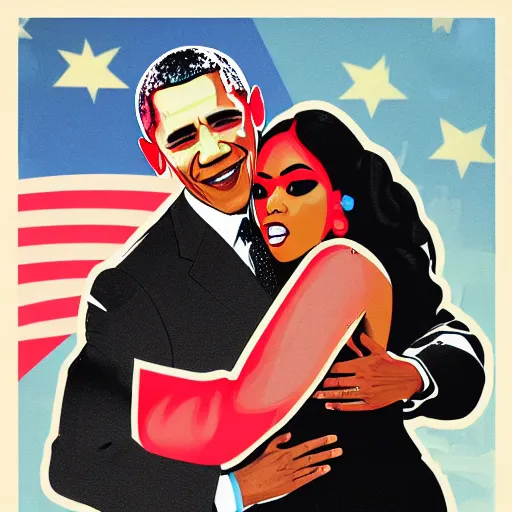 Prompt: barack obama hugging nicki minaj from behind, soviet colored propaganda poster, highly detailed illustration