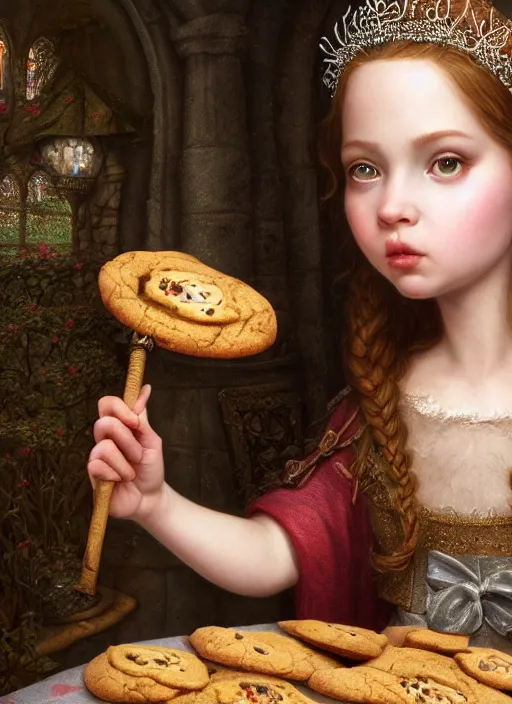 Prompt: highly detailed closeup portrait of a fairytale medieval princess eating cookies, unreal engine, nicoletta ceccoli, mark ryden, lostfish, earl norem, global illumination, god rays, detailed and intricate environment