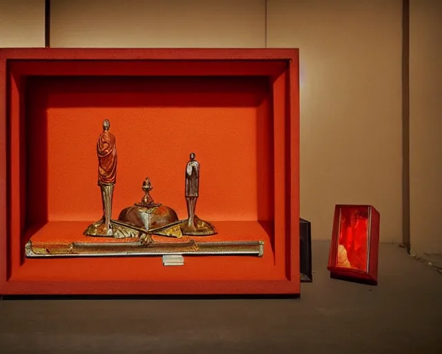 Prompt: by francis bacon, vivian maier, mystical redscale photography evocative. religious relics of the scarlet woman, displayed on an altar, luxury, opulence