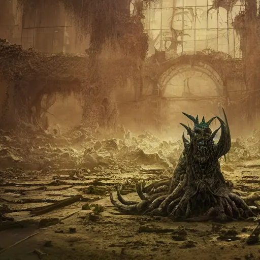 Image similar to a disgusting demon of nurgle making the ground rot around it, au naturel, hyper detailed, digital art, trending in artstation, cinematic lighting, studio quality, smooth render, unreal engine 5 rendered, octane rendered, art style by klimt and nixeu and ian sprigger and wlop and krenz cushart