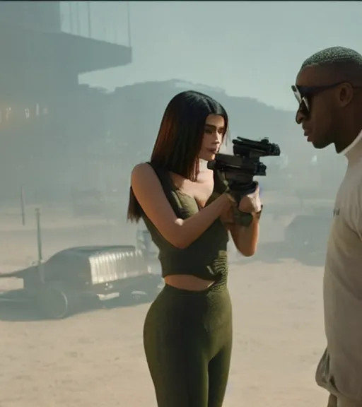 Image similar to a movie still of kylie jenner as joi aiming a gun at ryan gosling in the movie blade runner 2 0 4 9