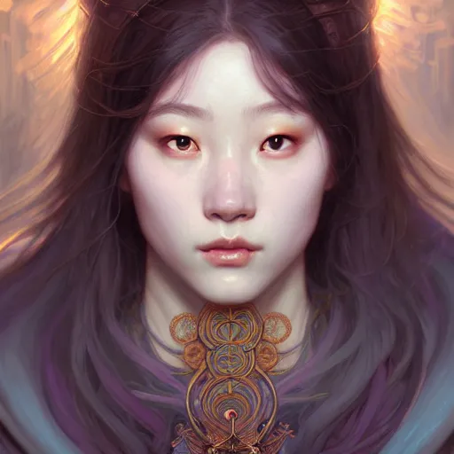 Image similar to Portrait of a female wizard, korean face features, fantasy, intricate, elegant, highly detailed, digital painting, artstation, concept art, smooth, sharp focus, illustration, art by Sam Youn and Fernanda Suarez and Artem Demura and alphonse mucha