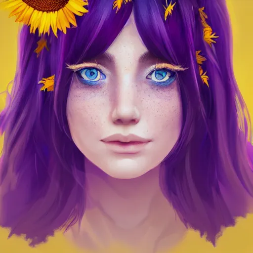 Prompt: a beautiful stunning matte digital portrait illustration of a blue-eyed woman with freckles and violet hair wearing a yellow sunflower crown, in the style of Ross Tran, trending on artstation, contest winner