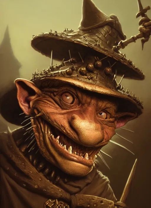 Prompt: highly detailed closeup portrait of a medieval goblin wearing a jesters hat, stephen bliss, unreal engine, greg rutkowski, ilya kuvshinov, ross draws, hyung tae and frank frazetta, tom bagshaw, tom whalen, nicoletta ceccoli, mark ryden, earl norem, global illumination, god rays, detailed and intricate environment
