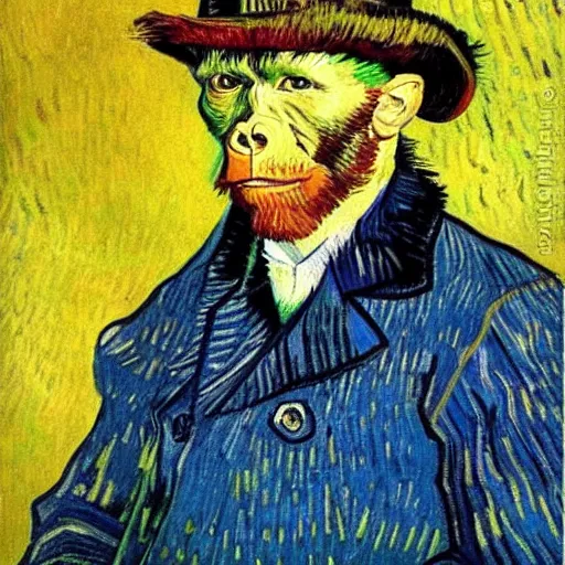 Image similar to a van gogh painting of a gorilla wearing a top hat, 4 k, hyper realistic, dslr, landscape, high resolution