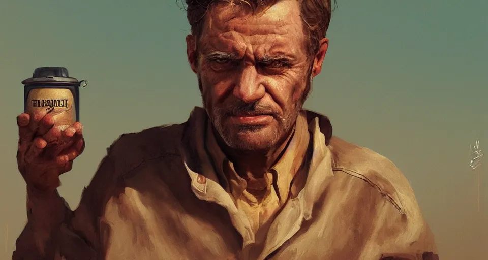 Image similar to a portrait of a man who sells me canteens warning me of the desert, artstation, cgsociety