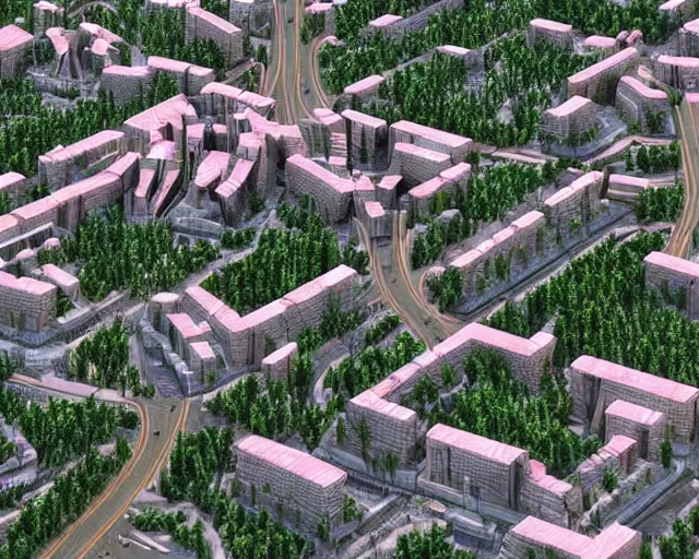 Image similar to turkey! - hungary! khaganate in 2 0 3 3 year, with futuristic! buildings, the buildings are light - grey!, with pink! trees around buildings, with green! trees around buildings, highly detailed digital art