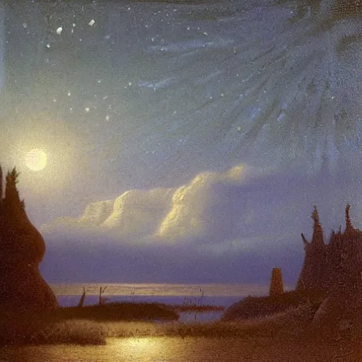 Prompt: night sky with clouds and stars, volumetric, canvas, very detailed, oil painting, canvas, Albert Bierstadt, Theodor Kittelsen