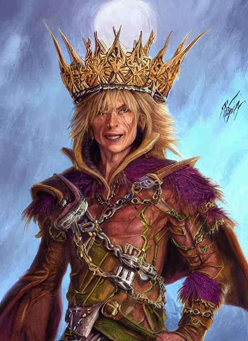 Image similar to goblin king wearing crown, ultra detailed fantasy, dndbeyond, bright, colourful, realistic, dnd character portrait, full body, pathfinder, pinterest, art by ralph horsley, dnd, rpg, lotr game design fanart by concept art, behance hd, artstation, deviantart, hdr render in unreal engine 5