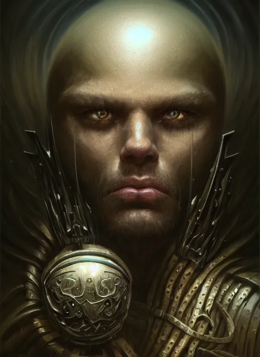 Image similar to closeup portrait shot of a executioner in a dungeon in a scenic dystopian environment, intricate, elegant, highly detailed, centered, digital painting, artstation, concept art, smooth, sharp focus, illustration, artgerm, tomasz alen kopera, peter mohrbacher, donato giancola, joseph christian leyendecker, wlop, boris vallejo