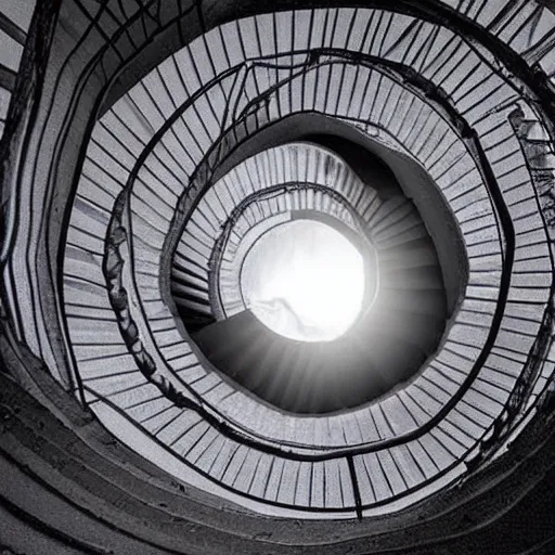 Image similar to a staircase heading to a black hole, dark scary figure standing at the top of the staircase