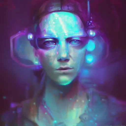 Image similar to female cyberpunk portrait by cy Twombly and BASTIEN LECOUFFE DEHARME, iridescent, volumetric lighting, neon glow