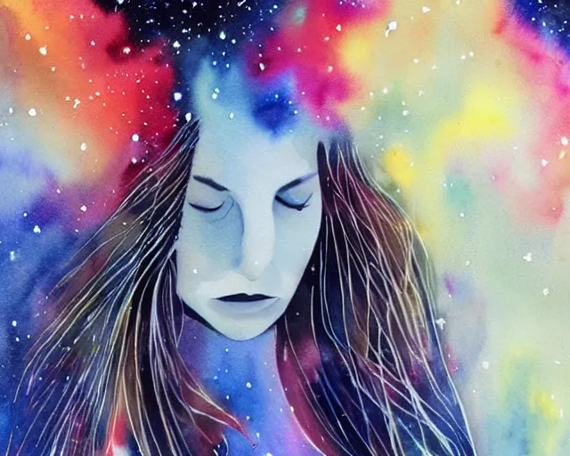 Image similar to an outline of a woman with long hair flowing behind her ; the hair is a large nebula in space with stars : watercolor painting on white paper, small detailed?, abstract art, minimalism, painterly style, 4k ultra hd, on artstation