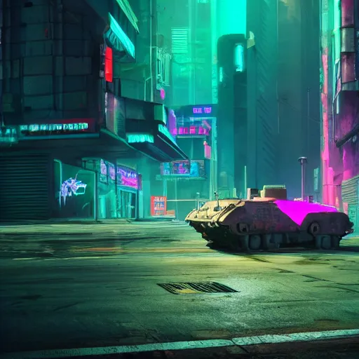 Image similar to high quality photo of a tank in a cyberpunk cyberpunk cyberpunk city, neon lights, realism, 8k, award winning photo, no water