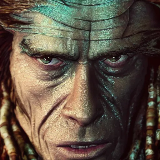 Image similar to Willem Dafoe face, Davy Jones, pirates of the caribbean, octane render, super realistic, portrait shot, under water, light particles, blue and green color