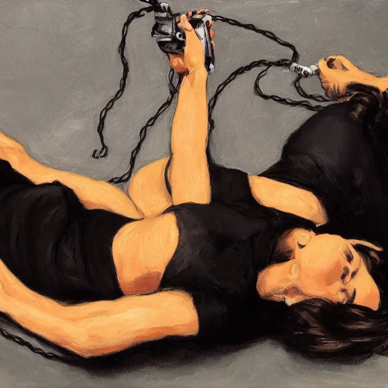 Image similar to Ground Level Shot, long shot of a beautiful dark haired woman wearing a black dress, laying on her back on a bed, holding old telephone hand peice with twisted cable by fabian perez