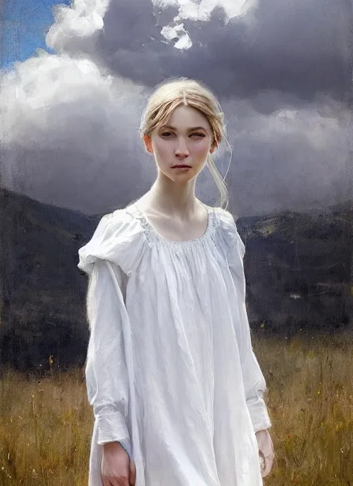 Prompt: portrait of a levitating girl dressed in white clothes, countryside, calm, fantasy character portrait, dynamic pose, above view, sunny day, thunder clouds in the sky, artwork by Jeremy Lipkin and Giuseppe Dangelico Pino and Michael Garmash and Rob Rey, very coherent asymmetrical artwork, sharp edges, perfect face, simple form, 100mm