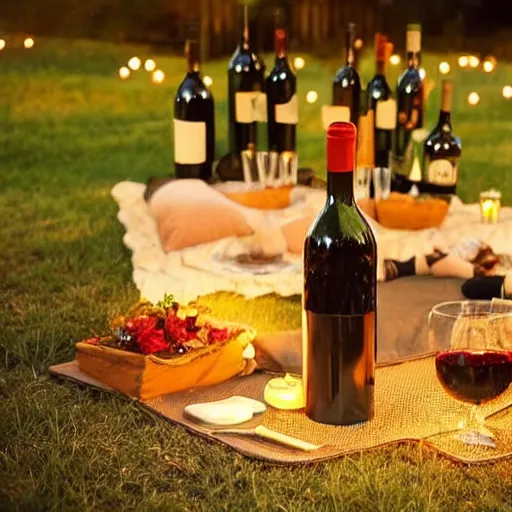 Prompt: romantic picnic with wine bottles under the stars