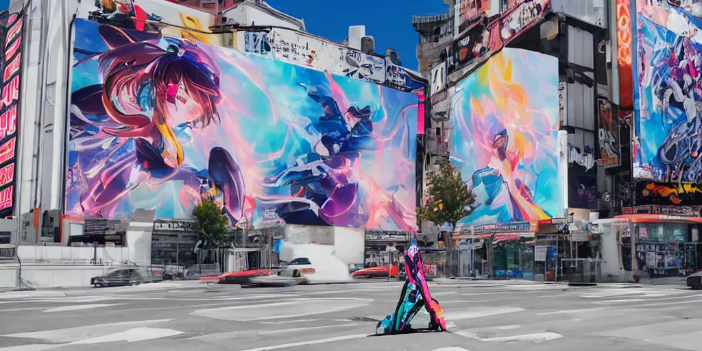 Image similar to billboard advertisement with an extremely beautiful photo of a white marble statue of an anime girl with colorful motocross logos and motorcycle helmet with closed visor, colorful smoke in the background, carved marble statue, fine art, neon genesis evangelion, virgil abloh, offwhite, denoise, highly detailed, 8 k, hyperreal