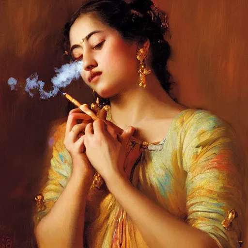 Image similar to detailed portrait of hindu traditional girl smoking joint i baroque painting, girl graceful, eyes closed, painting by gaston bussiere, craig mullins, j. c. leyendecker