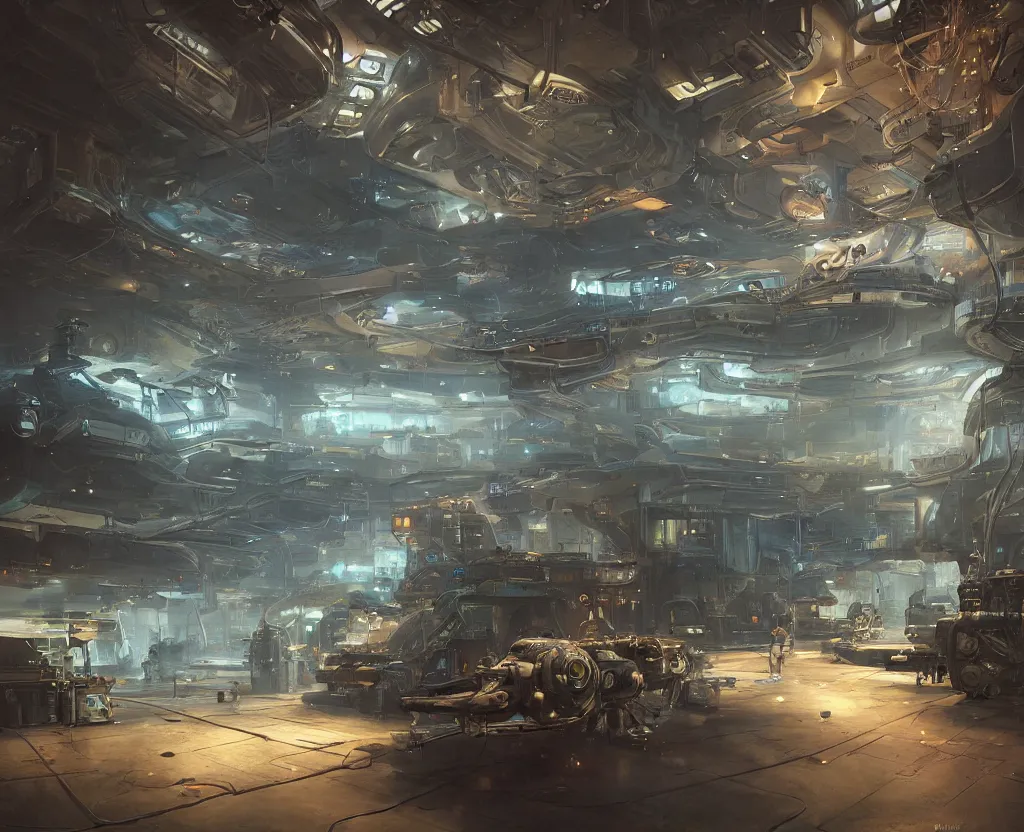 Image similar to the inside of a futuristic mechanic spaceshop, highly detailed interior, holographic screen in center frame by peter mohrbacher and craig mullins, dieselpunk, cyberpunk, firefly, cryengine render, hyper realism, realistic shading, cinematic composition, realistic render, octane render, detailed textures, photorealistic, wide shot, fanciful, colorful