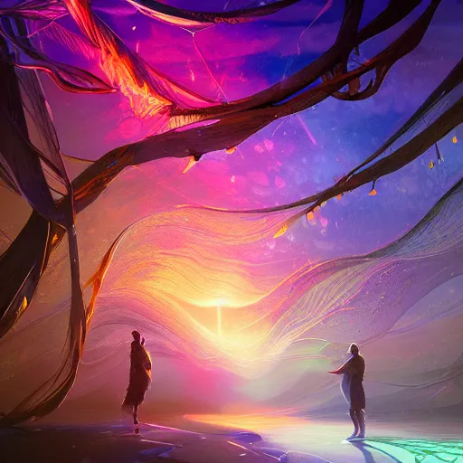 Prompt: Quantum ghostwave entanglement, intricate, elegant, fantasy, highly detailed, digital painting, concept art, sharp focus, illustration, beautiful volumetric lighting, epic light, artstation, magic hour lighting, colorful, sunshine, springtime, art by Sylvain Sarrailh