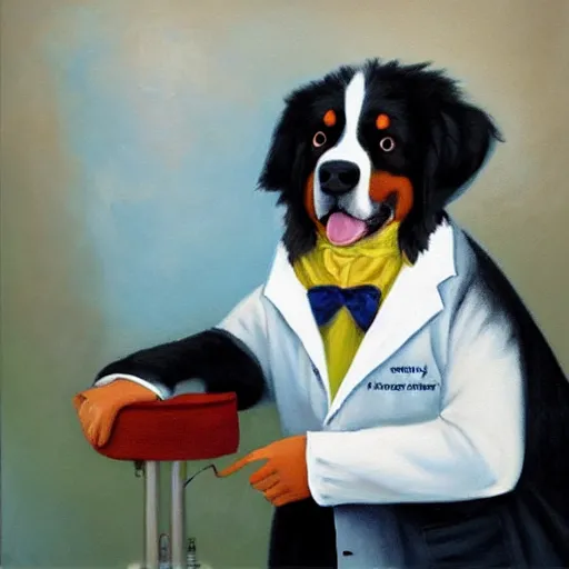 Image similar to an oil painting of a bernese mountain dog dressed in doctor's lab coat with a stethoscope around his neck, high quality