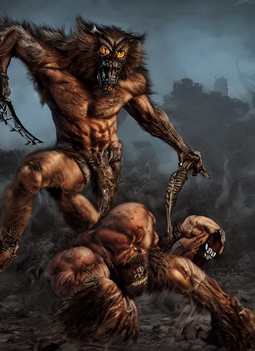 Image similar to a muscular werewolf fighting an endless army of skeletons, ultra - detailed fantasy, realistic, dnd, behance hd, artstation, ray tracing hdr render in unreal engine 5