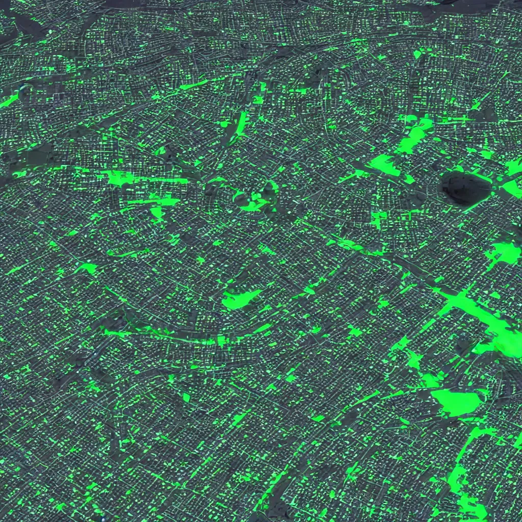 Image similar to satellite view imagery of advanced alien civilisation with large public transport. Green glowing factory. Extreme zoom, housed visible.